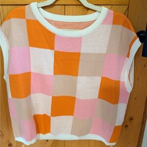 Checkerboard Knit Tank in Orange, Pink & Cream